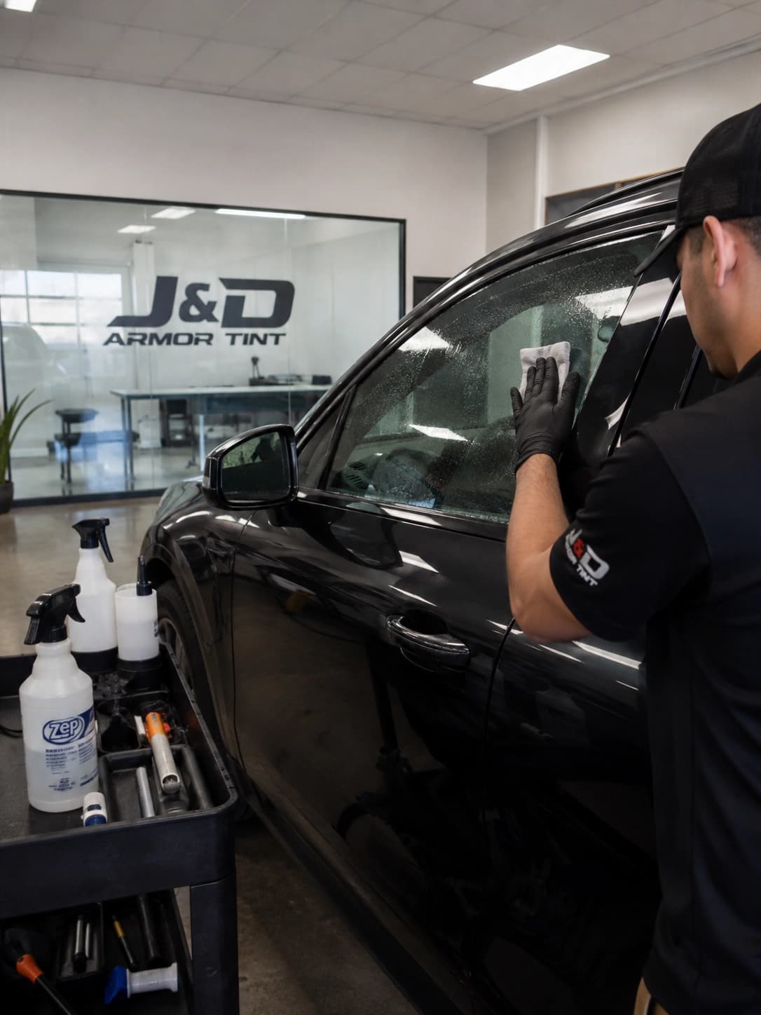 Indoor J&D Armor Tint installation workspace